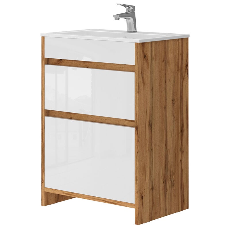 Ensemble de meubles de salle de bain Detmold, Chêne de force doré, 2 pièces, meuble bas 60 cm, Vicco