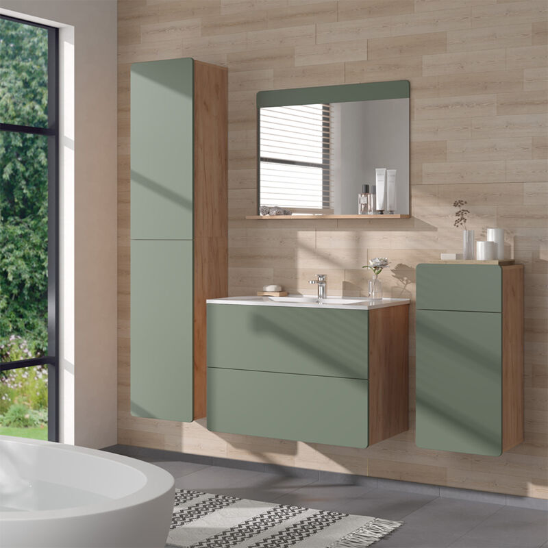Vicco - Meubles bain Izan, Force d'or Chêne/Vert, 5 pièces avec armoire haute et armoire moyenne