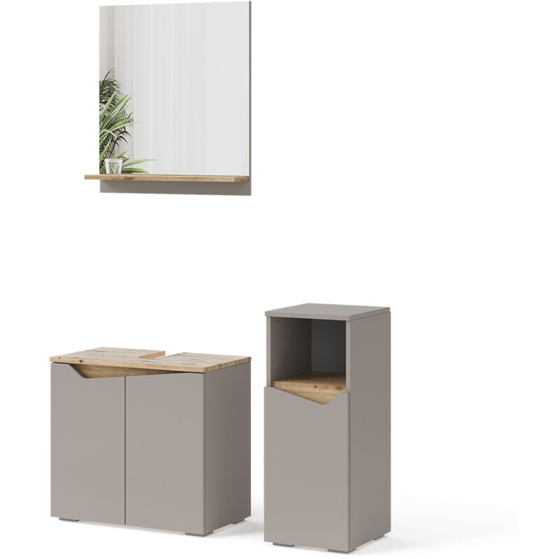 Vicco - Ensemble de meubles de salle de bain Marelle, Grège, 3 pièces, avec armoire de milieu
