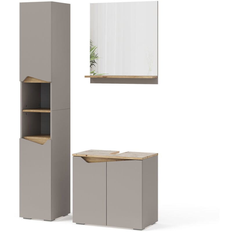 Vicco - Ensemble de meubles de salle de bain Marelle, Grège, 3 pièces, avec armoire haute