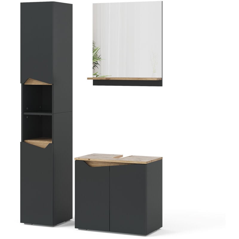 Vicco - Ensemble de meubles de salle de bain Marelle, Anthracite, 3 pièces, avec armoire haute