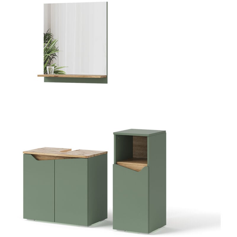 Vicco - Meubles bain Marelle, Vert/Artisan, 3 pièces, avec armoire de milieu