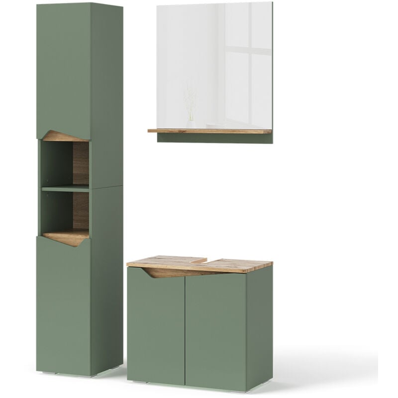 Vicco - Meubles bain Marelle, Vert/Artisan, 3 pièces, avec armoire haute