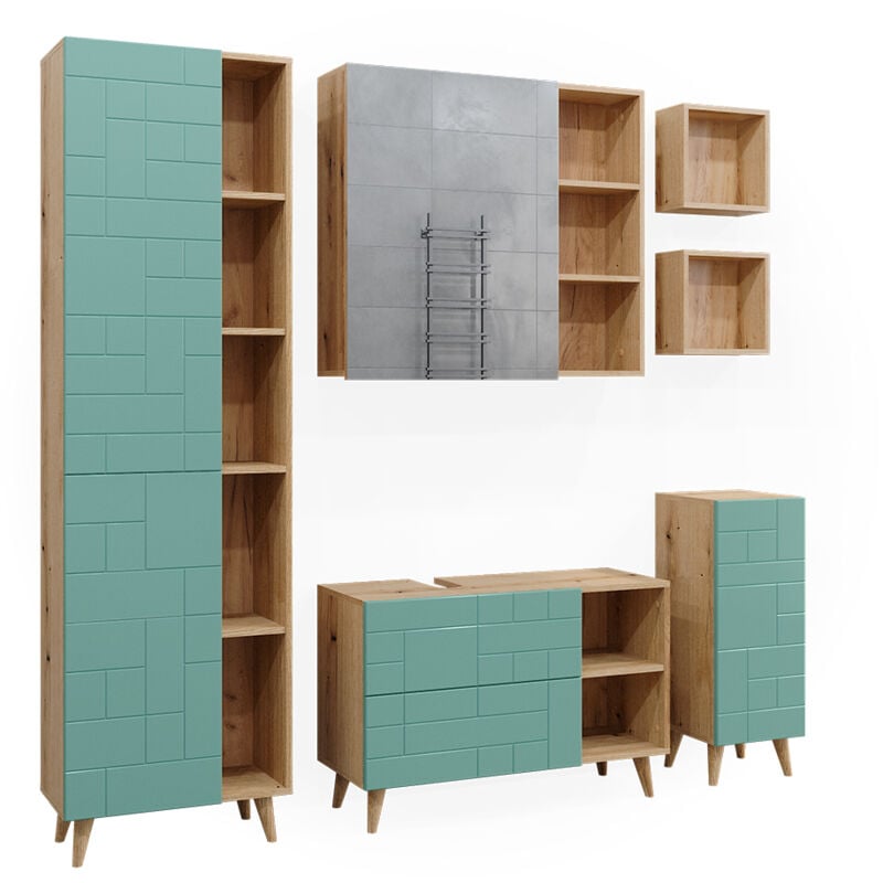 Vicco - Ensemble de meubles de salle de bain Rudi, Vert menthe, 6 pièces, avec armoire haute