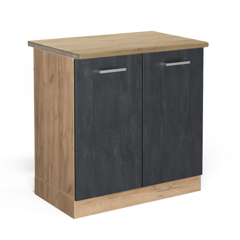 Vicco - Meuble bas sous-évier R-Line, Béton noir, 80 cm pt Chêne