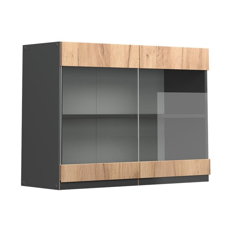 Meuble de cuisine haut vitré R-Line, Chêne de force doré, 80 cm J-Shape, Vicco