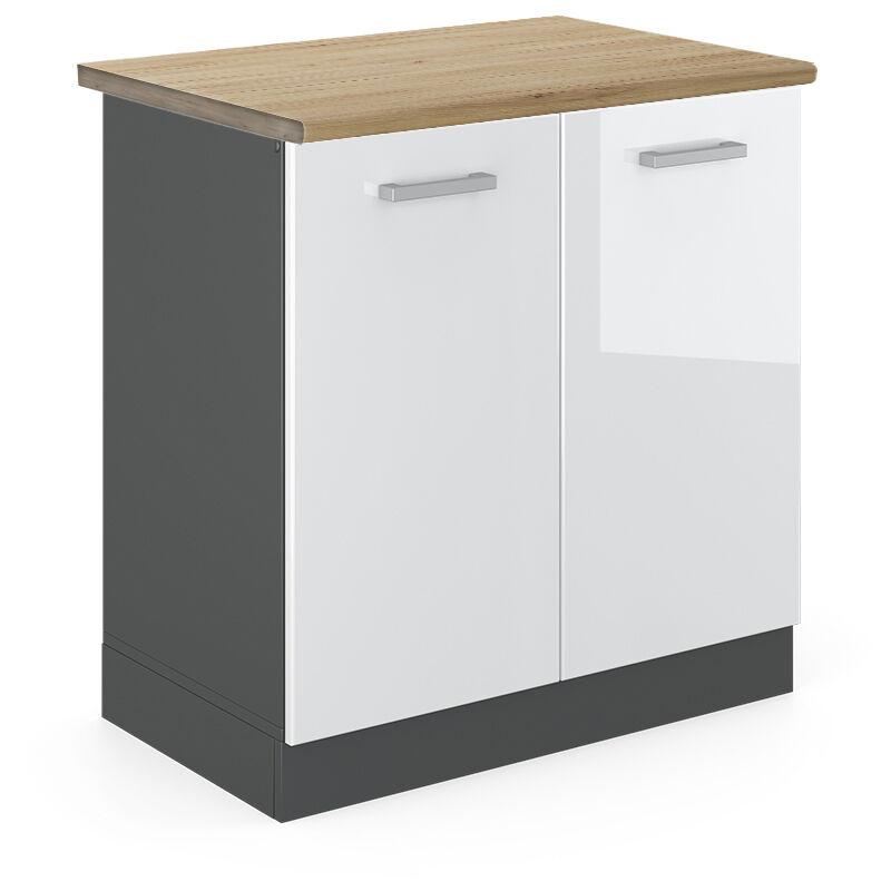 Vicco - Meuble bas sous-évier R-Line, Blanc Haute brillance, 80 cm, pt Chêne