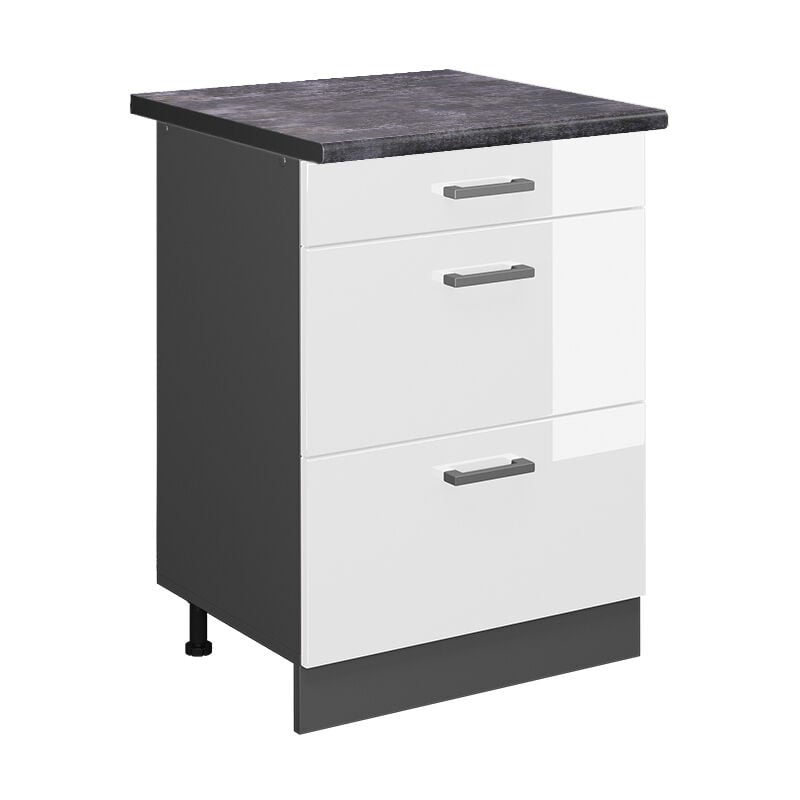 Vicco - Meuble cuisine R-Line, Blanc Haute brillance, 60 cm avec tiroirs, pt Anthracite