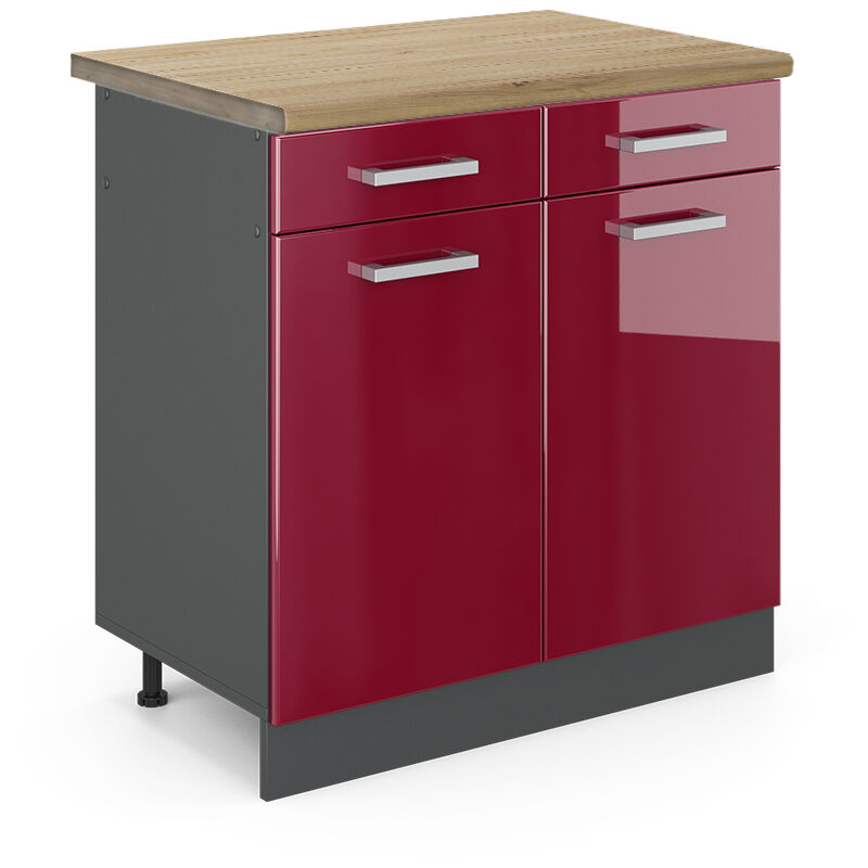Meuble cuisine R-Line, Rouge bordeaux Haute brillance, 80 cm, pt Chêne Vicco