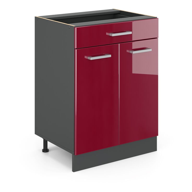 Meuble cuisine R-Line, Rouge bordeaux Haute brillance, 60 cm avec tiroir, sans plan de travail, Vicco