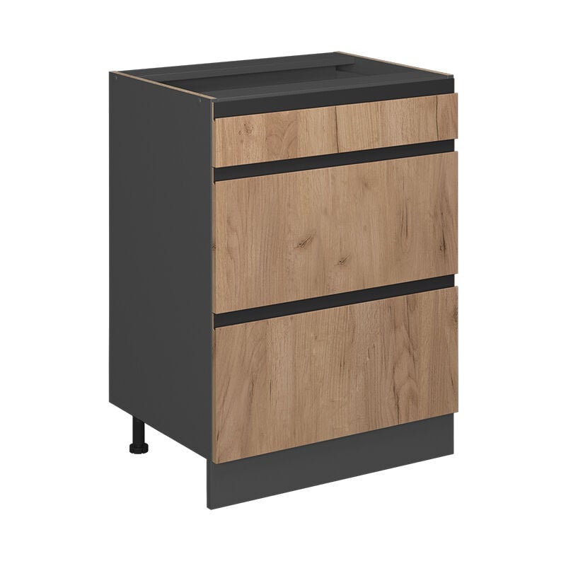 Meuble cuisine R-Line, Chêne de force doré, 60 cm J-Shape, avec tiroirs, sans plan de travail Vicco
