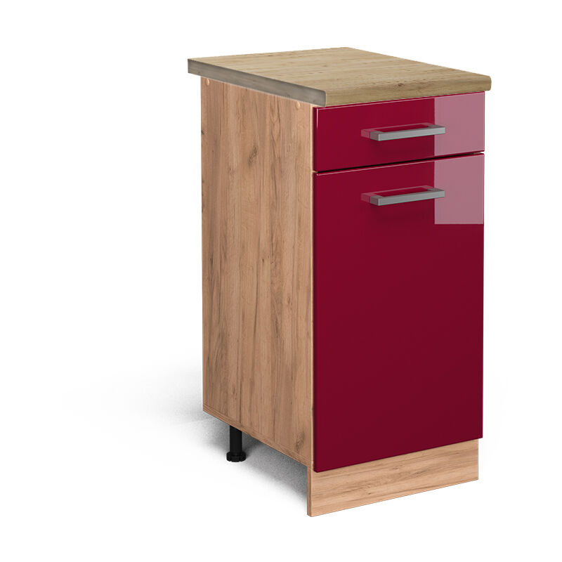 Meuble cuisine R-Line, Rouge bordeaux Haute brillance, 40 cm, pt Chêne Vicco