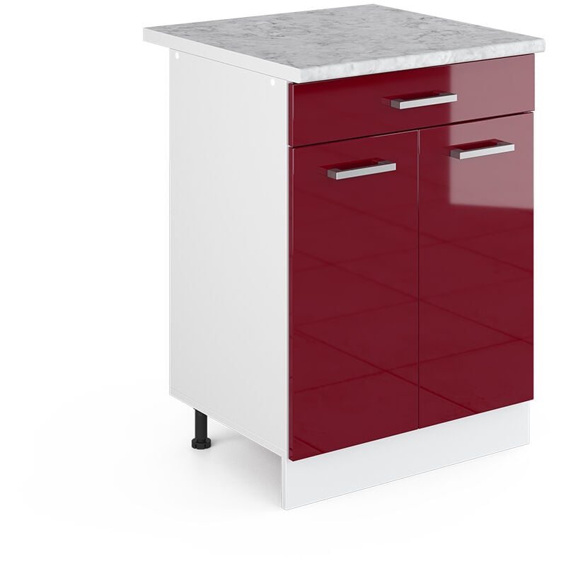 Vicco - Küchenunterschrank R-Line, Bordeaux Hochglanz, 60 cm mit Schublade, ap Marmor