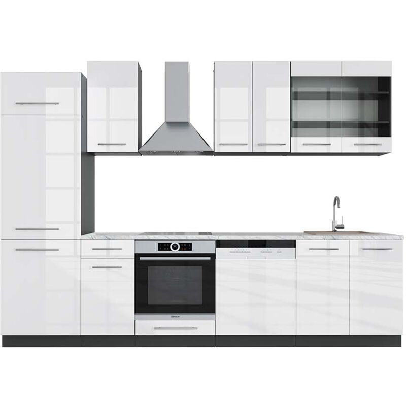 Vicco - Küchenzeile Fame-line, Weiß Hochglanz/anthrazit, 300 Cm , Ap Marmor