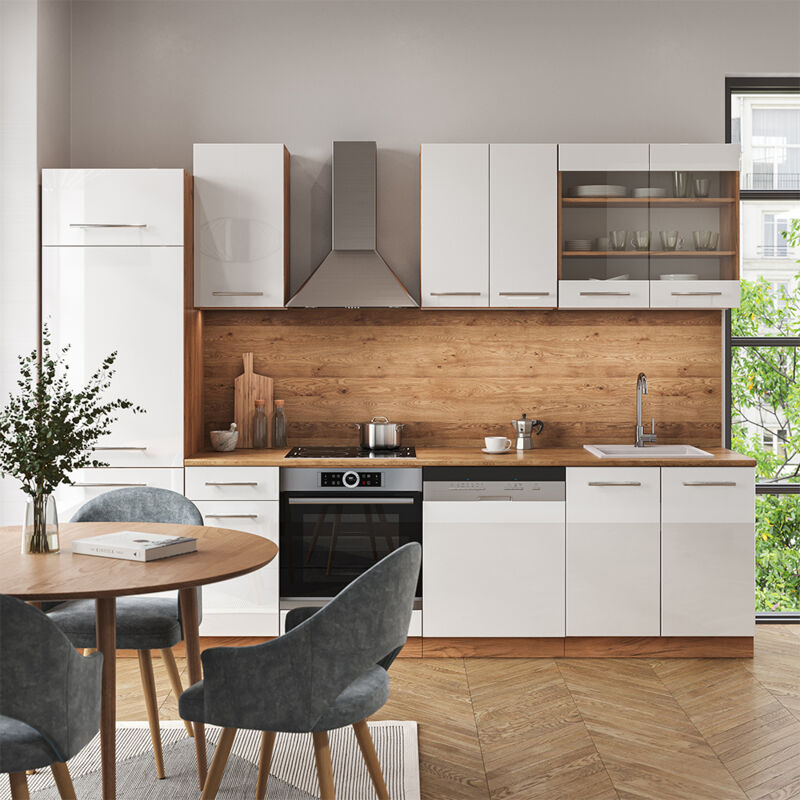 Vicco - Küchenzeile Fame-line, Weiß Hochglanz/goldkraft Eiche, 300 Cm , Ap Anthrazit