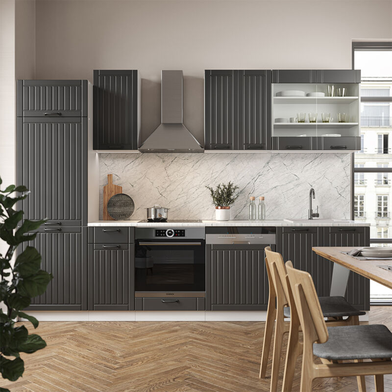 Küchenzeile Fame-line, Anthrazit Landhaus/weiß, 300 Cm Ohne Arbeitsplatte, Vicco