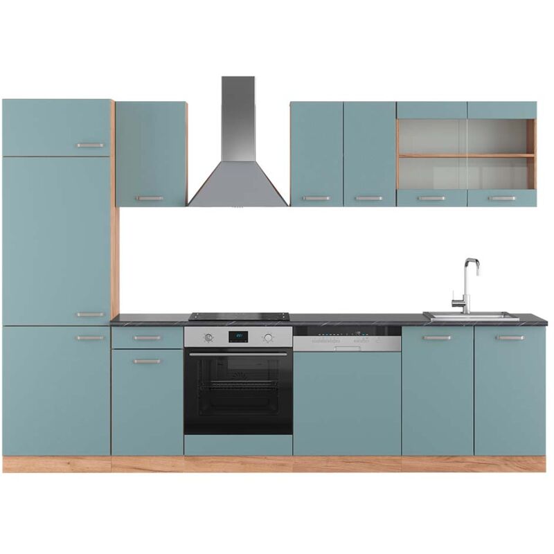 Vicco - Küchenzeile R-line, Blau-grau/goldkraft Eiche, 300 Cm , Ap Anthrazit