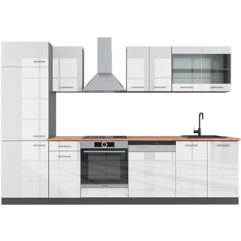 Küchenzeile R-line, Weiß Hochglanz/anthrazit, 300 Cm , Ap Eiche, Vicco