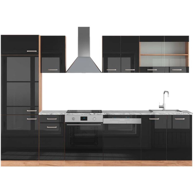 Vicco - Küchenzeile R-line, Schwarz Hochglanz/goldkraft Eiche, 300 Cm , Ap Marmor