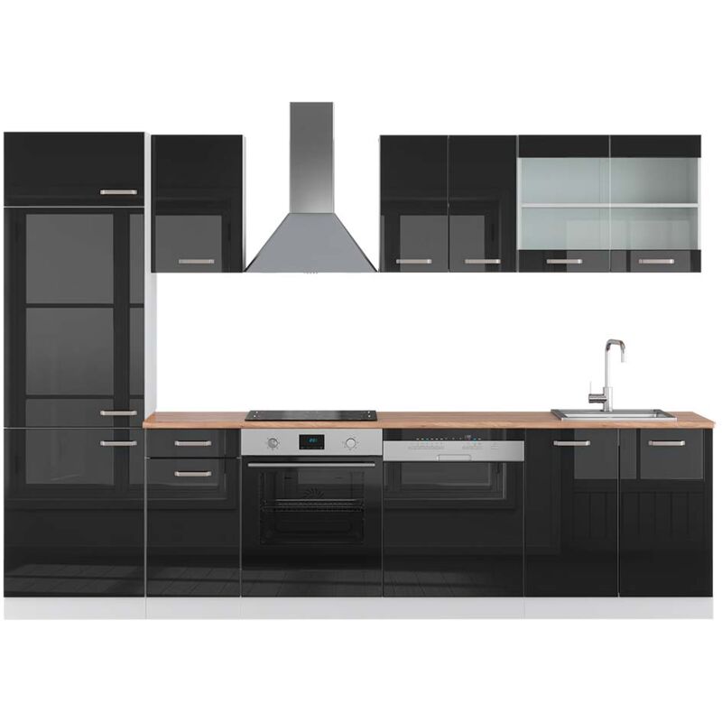 Vicco - Küchenzeile R-line, Schwarz Hochglanz/weiß, 300 Cm , Ap Eiche