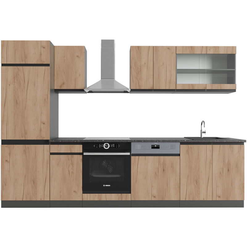 Vicco - Küchenzeile R-line, Goldkraft Eiche/anthrazit, 300 Cm , Ap Anthrazit