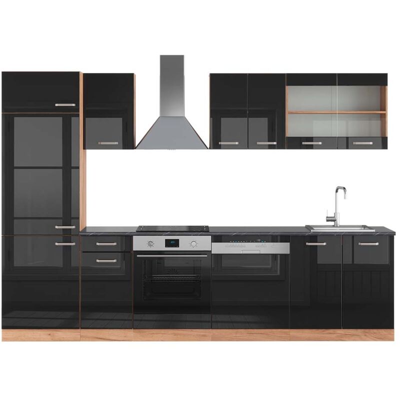 Küchenzeile R-line, Schwarz Hochglanz/goldkraft Eiche, 300 Cm , Ap Anthrazit, Vicco