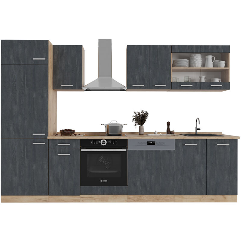 Vicco - Komplettküche R-line, Schwarz Beton/goldkraft Eiche, 300 Cm Ohne Arbeitsplatte