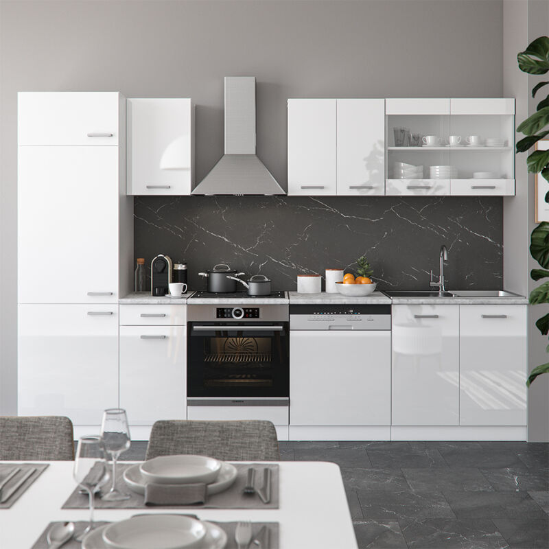 Vicco - Küchenzeile R-line, Weiß Hochglanz/weiß, 300 Cm , Ap Marmor