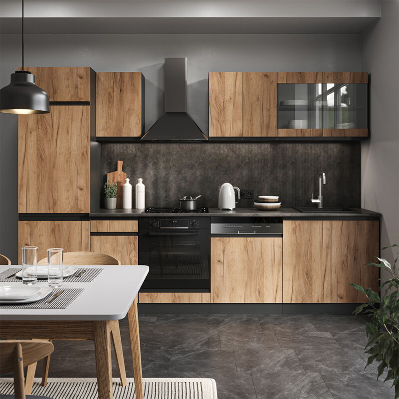 Vicco - Küchenzeile R-line, Goldkraft Eiche/anthrazit, 300 Cm J-shape