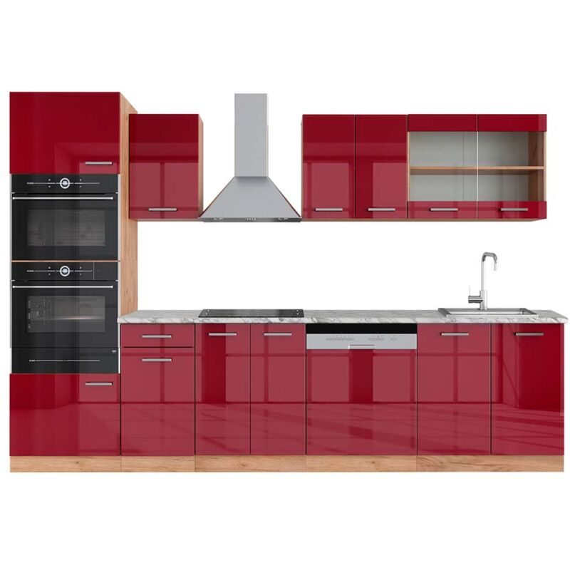 Küchenzeile R-line, Bordeaux Hochglanz/goldkraft Eiche, 300 Cm Mit Hochschrank, Ap Marmor, Vicco