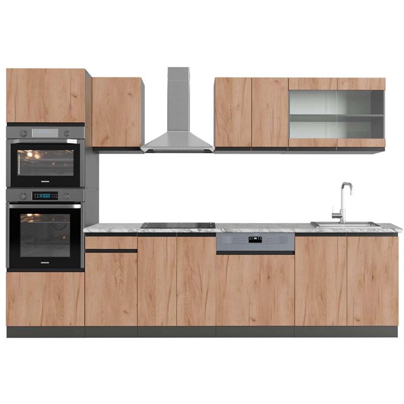 Vicco - Küchenzeile R-line, Goldkraft Eiche/anthrazit, 300 Cm Mit Hochschrank, Ap Marmor