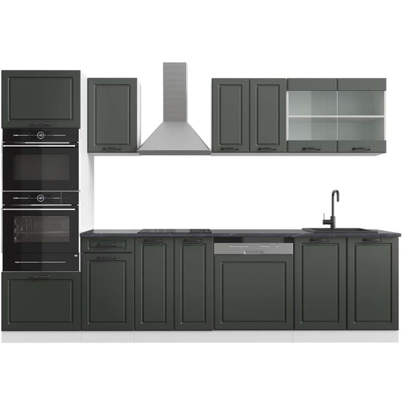 Vicco - Küchenzeile R-line, Anthrazit Landhaus/weiß, 300 Cm Mit Hochschrank, Ap Anthrazit