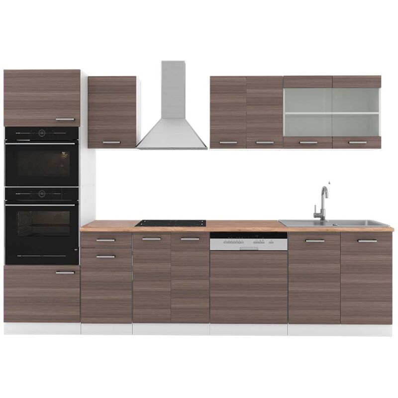 Vicco - Küchenzeile R-line, Edelgrau/weiß, 300 Cm Mit Hochschrank, Ap Eiche