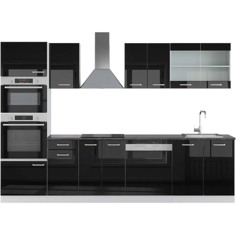 Vicco - Küchenzeile R-line, Schwarz Hochglanz/weiß, 300 Cm Mit Hochschrank, Ap Anthrazit