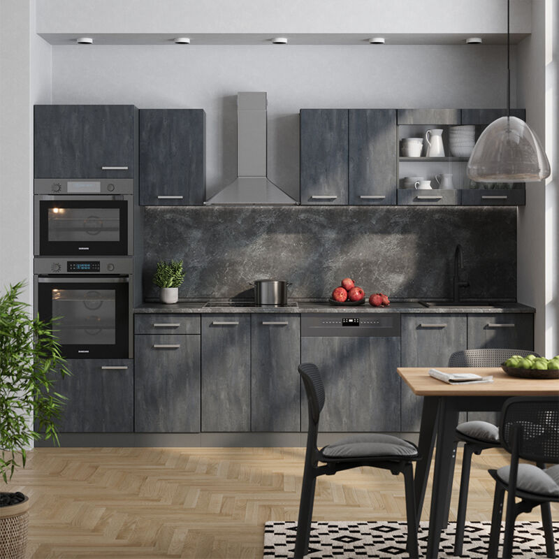 Vicco - Küchenzeile R-line, Schwarz Beton/anthrazit, 300 Cm Ap Eiche
