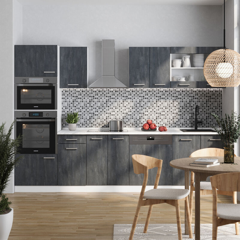 Vicco - Komplettküche R-line, Schwarz Beton/weiß, 300 Cm Ap Anthrazit