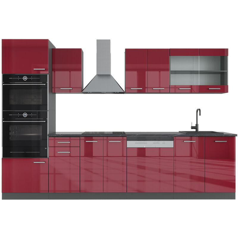 Vicco - Küchenzeile R-line, Bordeaux Hochglanz/anthrazit, 300 Cm Mit Hochschrank, Ap Anthrazit