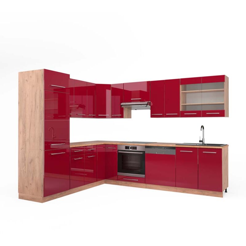 Vicco - Eckküche Fame-line, Bordeaux Hochglanz/goldkraft Eiche, 227 X 287 Cm , Ap Eiche