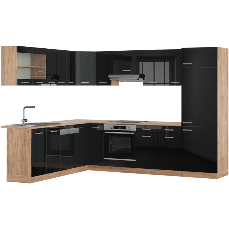 Vicco - Eckküche R-line, Schwarz Hochglanz/goldkraft Eiche, 227 X 287 Cm , Ap Eiche
