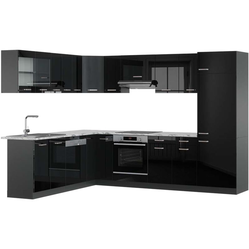 Vicco - Eckküche R-line, Schwarz Hochglanz/anthrazit, 227 X 287 Cm , Ap Marmor