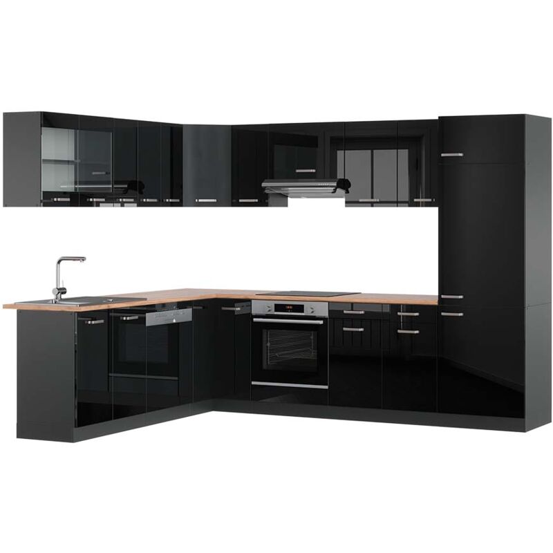 Vicco - Eckküche R-line, Schwarz Hochglanz/anthrazit, 227 X 287 Cm , Ap Eiche