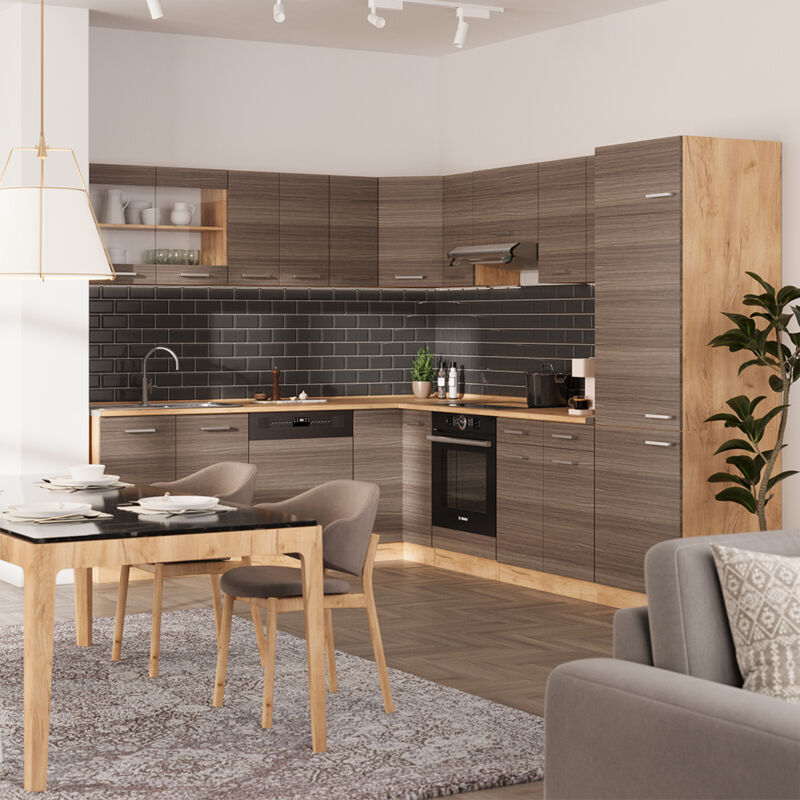 Vicco - Eckküche R-line, Edelgrau/goldkraft Eiche, 227 X 287 Cm Ohne Arbeitsplatte