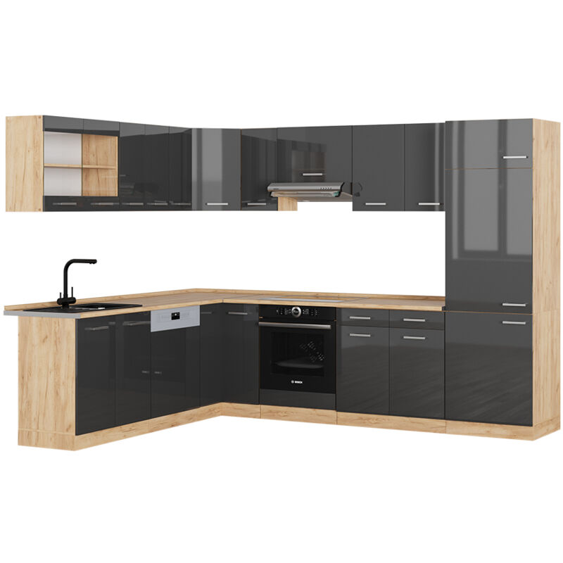 Vicco - Eckküche R-line, Anthrazit Hochglanz/goldkraft Eiche, 227 X 287 Cm Ohne Arbeitsplatte