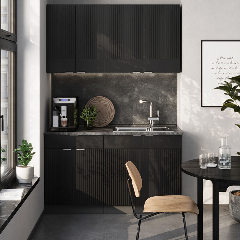 Singleküche Fame-line, Schwarz Gestreift/anthrazit, 140 Cm , Ap Marmor, Vicco