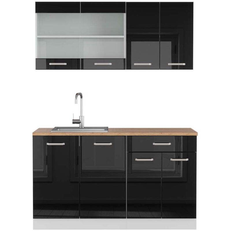 Vicco - Singleküche R-line, Schwarz Hochglanz/weiß, 140 Cm , Ap Eiche