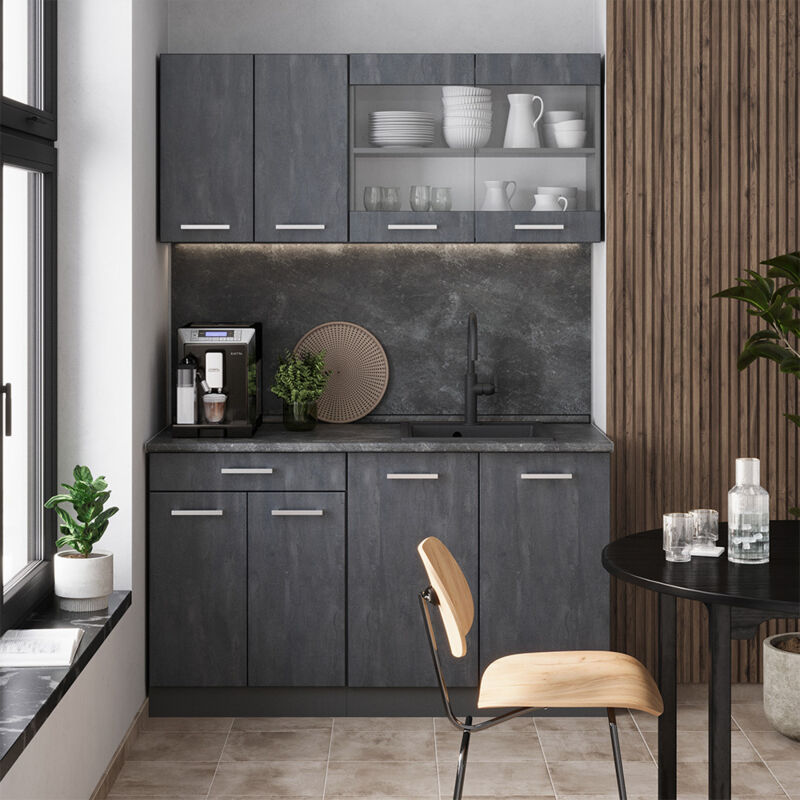 Vicco - Mini-küche R-line, Schwarz Beton/anthrazit, 140 Cm Ap Eiche
