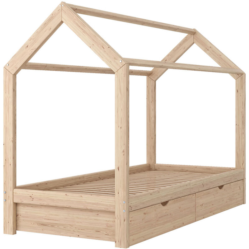 Lit cabane Wiki, Marron, 90x200 cm avec 2 tiroirs Vitalispa