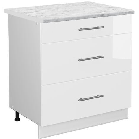 Vicco – Meuble bas de cuisine avec 3 tiroirs – Blanc haute brillance – Plan de travail marbre 80 x 82 x 60 cm – Panneau de particules 16 mm