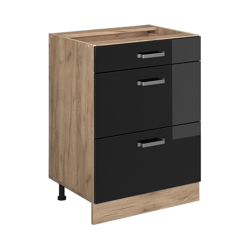 Meuble cuisine R-Line, Noir Haute brillance, 60 cm avec tiroirs, sans plan de travail Vicco