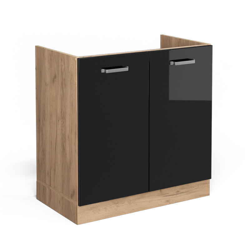 Meuble bas sous-évier R-Line, Noir Haute brillance, 80 cm sans plan de travail Vicco